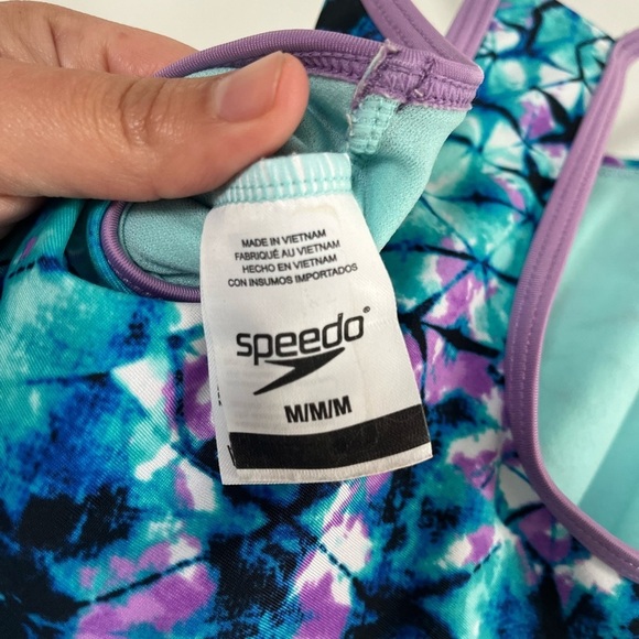 Speedo Girls Thin Strap One Piece Swimsuit Aqua/Purple Silicone Grippers Sz Med - Picture 3 of 10